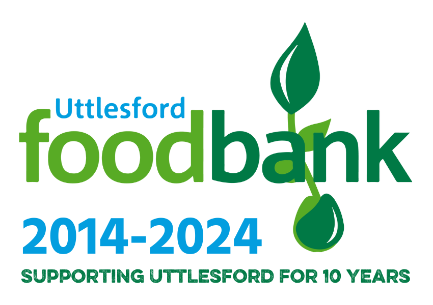 Uttlesford Foodbank Logo. The words Uttlesford Foodbank in blue and green. The letter a has an apple growing underneath and a leaf on top. The words 2014-2024 Supporting Uttlesford for 10 years in below this. The image has a white background.